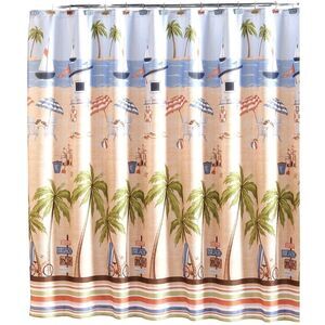 Catching Rays Beach Shower Curtain Tropical Ocean Sailboat Palm Trees Bath NEW